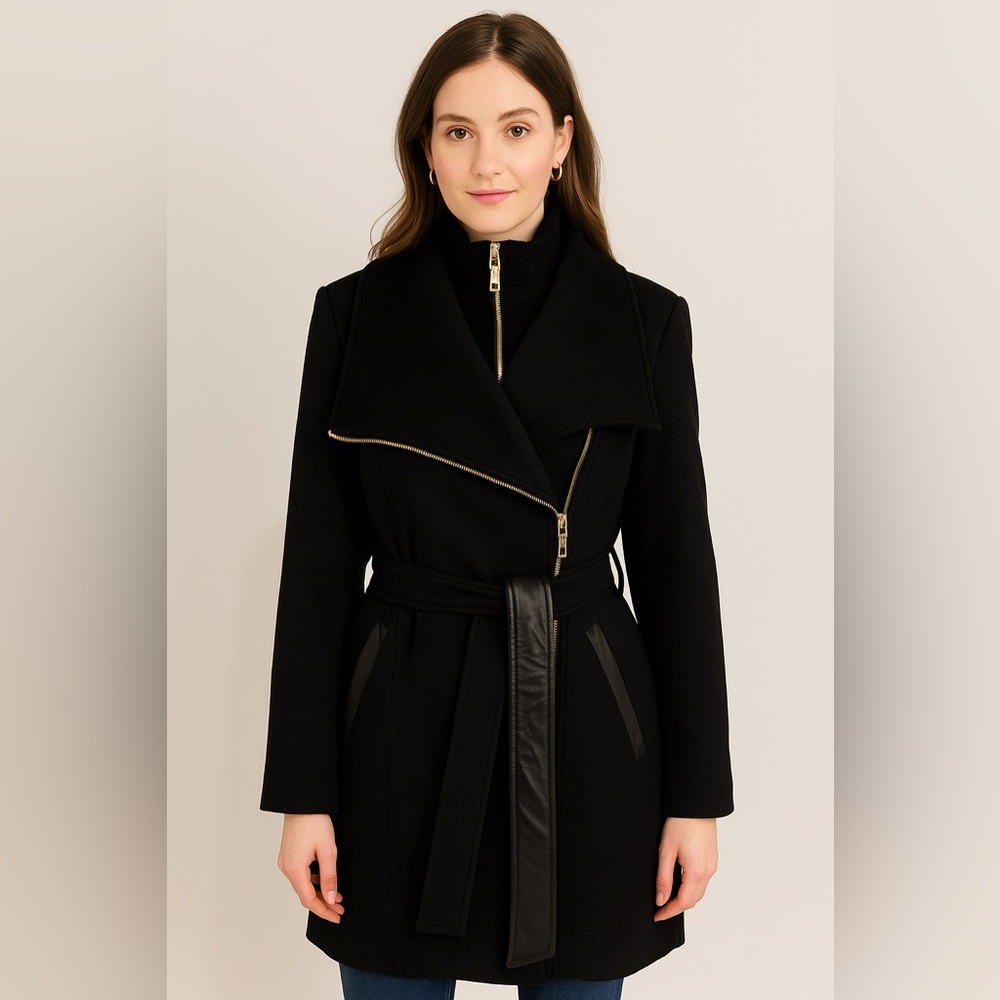 Vince Camuto Black Belted Layered Coat - L